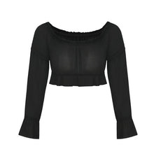 Load image into Gallery viewer, New hot sale sexy fungus off-the-shoulder chiffon shirt long-sleeved exposed navel T-shirt top